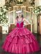 Floor Length Lace Up Girls Pageant Dresses Hot Pink for Party and Quinceanera with Beading and Ruffled Layers