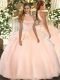 Peach Backless Halter Top Beading and Ruffles Sweet 16 Quinceanera Dress Tulle Sleeveless