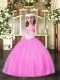 Stylish Rose Pink Sleeveless Floor Length Beading Lace Up Pageant Dress for Girls