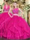 Hot Pink Tulle Zipper Quince Ball Gowns Sleeveless Floor Length Beading and Ruffles