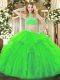 Sweet Tulle Backless High-neck Sleeveless Floor Length Quince Ball Gowns Beading and Ruffles