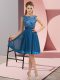Fabulous Blue Chiffon Backless Prom Evening Gown Sleeveless Knee Length Appliques