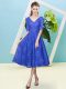 Flirting Half Sleeves Tea Length Bowknot Lace Up Quinceanera Dama Dress with Royal Blue