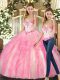 Modest Sweetheart Sleeveless Lace Up 15th Birthday Dress Rose Pink Organza