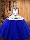 Blue And White Satin and Tulle Lace Up Sweet 16 Dresses Sleeveless Floor Length Embroidery