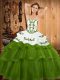 Spectacular Olive Green Sleeveless Sweep Train Embroidery and Ruffled Layers Sweet 16 Quinceanera Dress