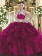 Traditional Sleeveless Floor Length Beading and Ruffles Backless 15th Birthday Dress with Fuchsia