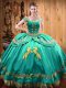Great Sleeveless Satin and Organza Floor Length Lace Up Ball Gown Prom Dress in Turquoise with Beading and Embroidery