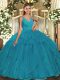 Attractive Floor Length Backless 15 Quinceanera Dress Teal for Military Ball and Sweet 16 and Quinceanera with Ruffles