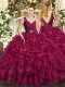 Wonderful Burgundy Ball Gowns Organza V-neck Sleeveless Beading and Ruffles Floor Length Backless 15 Quinceanera Dress