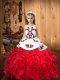 Straps Sleeveless Kids Pageant Dress Floor Length Embroidery and Ruffles Red Organza