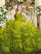 Modest Sleeveless Fabric With Rolling Flowers Floor Length Zipper 15 Quinceanera Dress in Olive Green with Ruffles