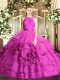 Fuchsia Ball Gowns Lace Ball Gown Prom Dress Zipper Fabric With Rolling Flowers Sleeveless Floor Length