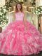Sleeveless Floor Length Lace and Ruffles Clasp Handle Sweet 16 Dresses with Hot Pink