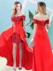 Sumptuous Red Lace Up Off The Shoulder Beading Prom Gown Elastic Woven Satin and Sequined Short Sleeves