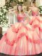 High Quality Ball Gowns Quince Ball Gowns Watermelon Red V-neck Tulle Sleeveless Floor Length Zipper