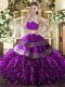 Eggplant Purple High-neck Backless Beading and Ruffles Ball Gown Prom Dress Sleeveless