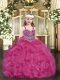 Fuchsia Organza Lace Up Straps Sleeveless Floor Length Girls Pageant Dresses Beading and Ruffles