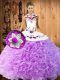 Pretty Floor Length Lace Up Quince Ball Gowns Lilac for Military Ball and Sweet 16 and Quinceanera with Embroidery