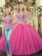 Inexpensive Hot Pink Ball Gowns Beading Quince Ball Gowns Lace Up Tulle Sleeveless Floor Length