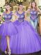 Lavender Tulle Lace Up Quinceanera Dress Sleeveless Floor Length Beading and Ruffles