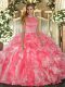 Hot Pink Halter Top Backless Beading and Ruffles Quinceanera Gowns Sleeveless