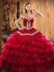 Free and Easy Wine Red Ball Gowns Sweetheart Sleeveless Satin and Organza Floor Length Lace Up Embroidery and Ruffled Layers Quinceanera Gown