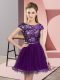 Cute Mini Length Dark Purple Bridesmaids Dress Scoop Cap Sleeves Zipper