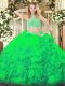 Green Tulle Backless Sweet 16 Dresses Sleeveless Floor Length Beading and Ruffles