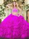 Traditional Floor Length Backless Sweet 16 Dresses Fuchsia for Military Ball and Sweet 16 and Quinceanera with Beading and Ruffles