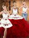 Adorable Wine Red Halter Top Lace Up Embroidery and Ruffles Vestidos de Quinceanera Sleeveless