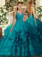Hot Selling With Train Teal Vestidos de Quinceanera Fabric With Rolling Flowers Sweep Train Sleeveless Ruffles
