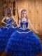 Royal Blue Ball Gowns Straps Sleeveless Chiffon Floor Length Lace Up Embroidery and Ruffled Layers Child Pageant Dress