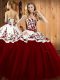 Floor Length Lace Up Ball Gown Prom Dress Wine Red for Military Ball and Sweet 16 and Quinceanera with Embroidery