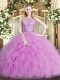 Comfortable Scoop Sleeveless Quinceanera Dresses Floor Length Beading and Ruffles Lilac Tulle