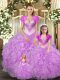 Sleeveless Tulle Floor Length Lace Up 15th Birthday Dress in Baby Pink with Beading and Ruffles