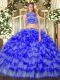 Floor Length Blue Sweet 16 Dresses High-neck Sleeveless Backless
