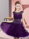 Lovely Dark Purple Empire Tulle Scoop Sleeveless Beading Knee Length Backless Prom Evening Gown