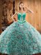 Top Selling Multi-color Ball Gowns Sweetheart Sleeveless Satin and Fabric With Rolling Flowers With Train Sweep Train Lace Up Embroidery 15 Quinceanera Dress