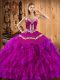 Hot Selling Fuchsia Satin and Organza Lace Up Sweetheart Sleeveless Floor Length Quinceanera Gown Embroidery and Ruffles