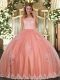 Romantic Watermelon Red Sleeveless Floor Length Lace and Appliques Clasp Handle 15 Quinceanera Dress