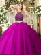 Fuchsia Ball Gowns Tulle Halter Top Sleeveless Beading and Ruching Floor Length Zipper Quinceanera Dresses