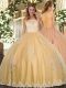 Gold Tulle Clasp Handle Scoop Sleeveless Floor Length Quinceanera Gowns Lace and Appliques