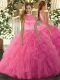 Luxurious Hot Pink Ball Gowns Halter Top Sleeveless Organza Floor Length Backless Beading and Ruffles Quinceanera Gown