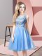 Knee Length Baby Blue Dress for Prom Tulle Sleeveless Beading