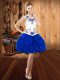 Free and Easy Royal Blue Ball Gowns Halter Top Sleeveless Organza Mini Length Lace Up Embroidery and Ruffles Dress for Prom
