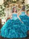 Gorgeous Teal Ball Gowns Straps Sleeveless Organza Floor Length Lace Up Embroidery and Ruffles Little Girl Pageant Dress