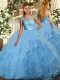 Aqua Blue Ball Gowns Scoop Sleeveless Organza Floor Length Backless Ruffles Sweet 16 Dress