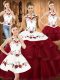 Fitting Wine Red Lace Up Quinceanera Dress Embroidery and Ruffled Layers Sleeveless With Train Sweep Train