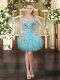 Custom Fit Aqua Blue Ball Gowns Sweetheart Sleeveless Tulle Mini Length Lace Up Beading and Ruffles Prom Gown